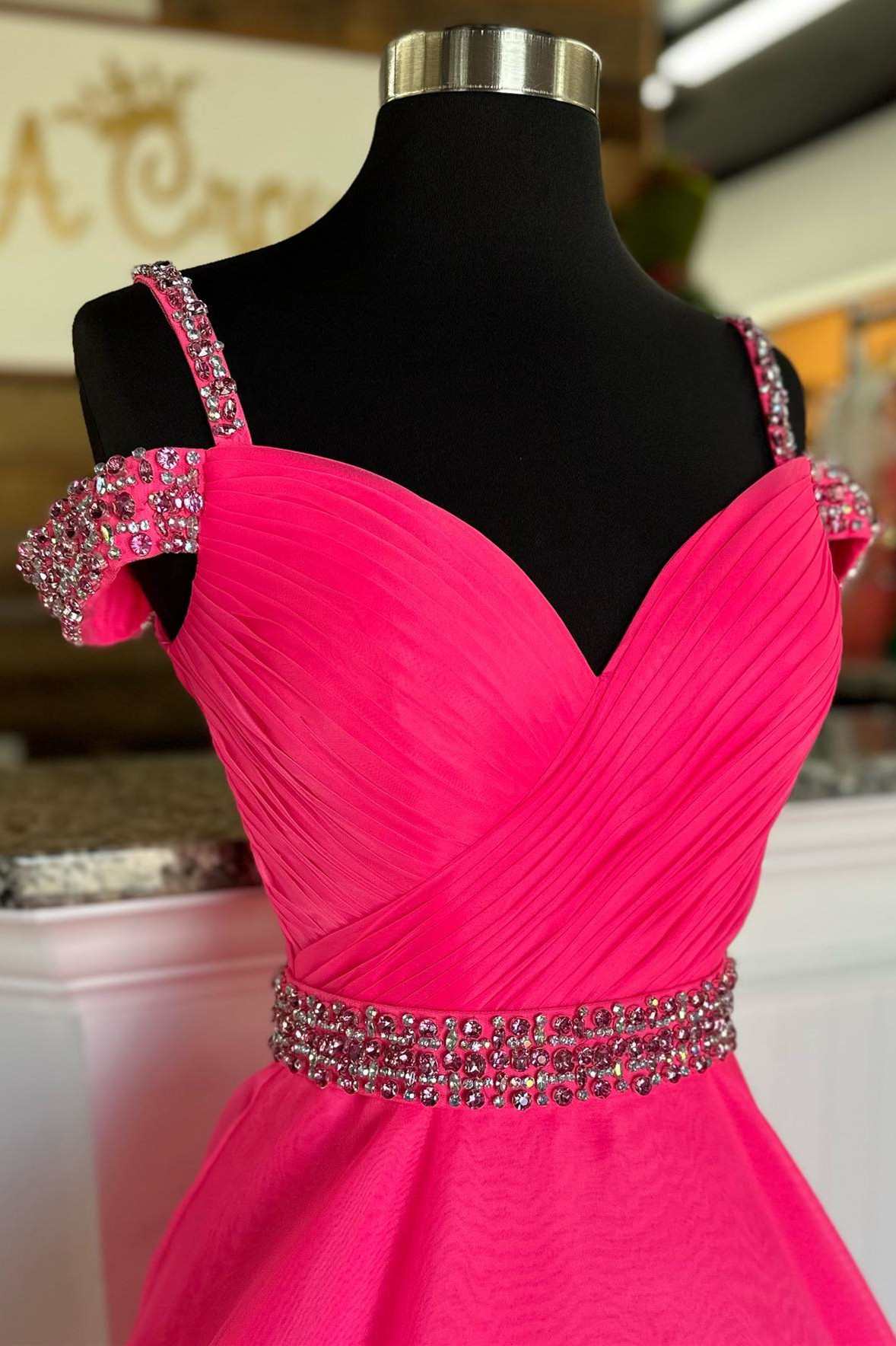 Roycebridal Hot Pink Beaded Cold-Shoulder A-Line Prom Dress