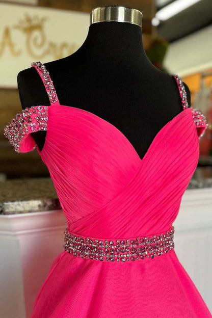 Roycebridal Hot Pink Beaded Cold-Shoulder A-Line Prom Dress