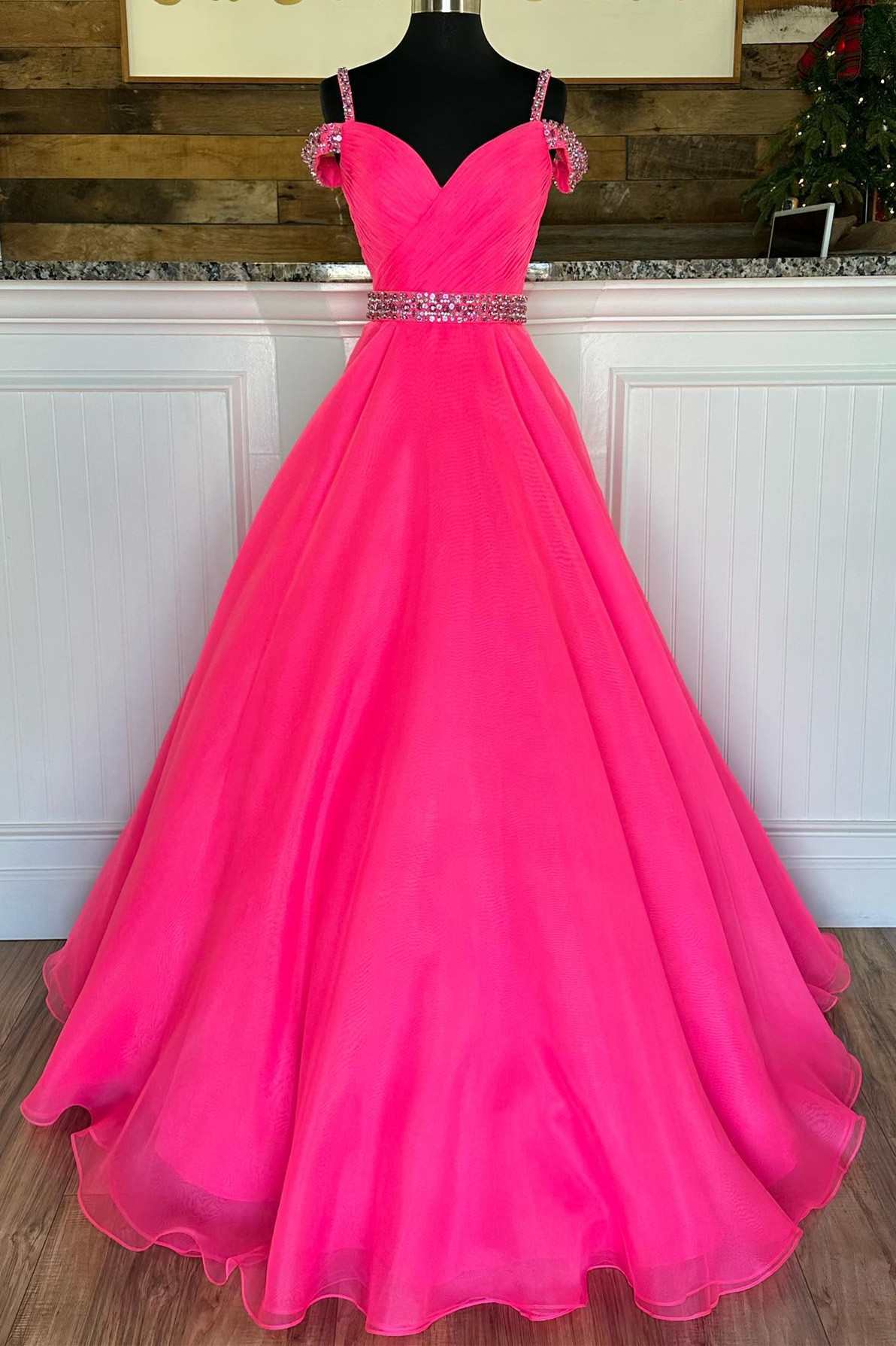 Roycebridal Hot Pink Beaded Cold-Shoulder A-Line Prom Dress