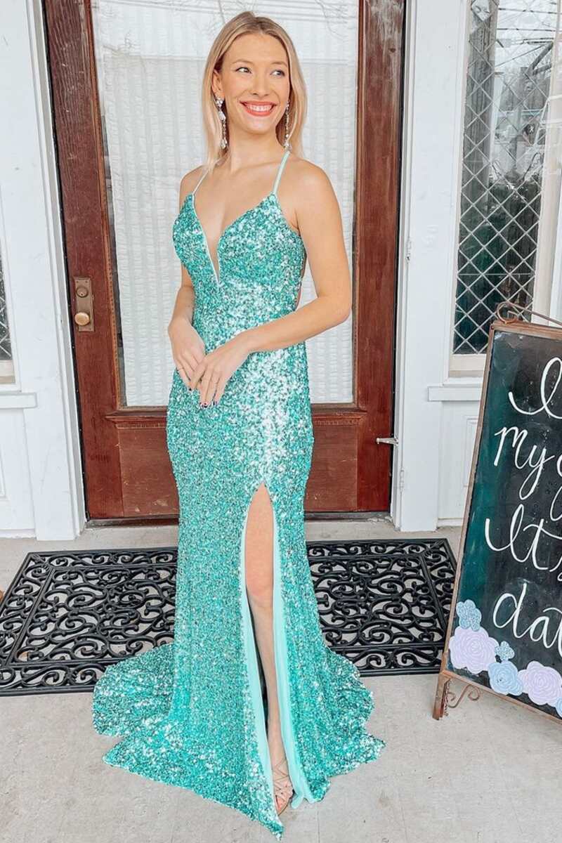 Roycebridal Light Jade Sequin Lace-Up Back Mermaid Long Prom Dress