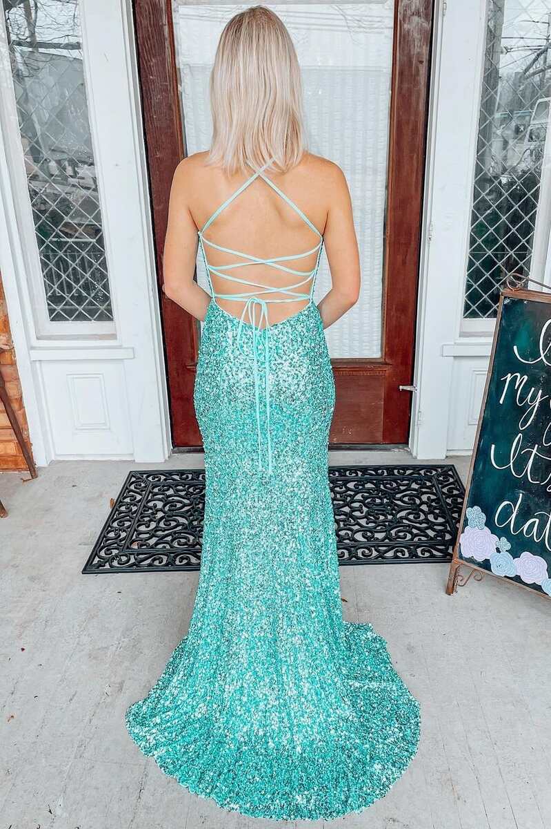 Roycebridal Light Jade Sequin Lace-Up Back Mermaid Long Prom Dress