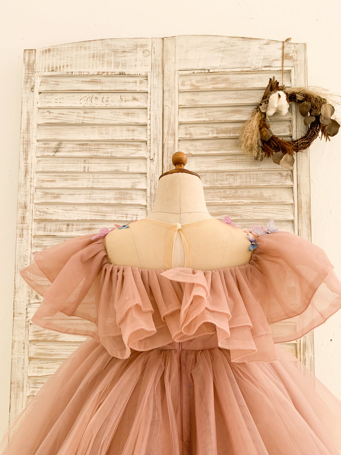 Birthday Party 3D Butterflies Mauve Tulle Ruffles Wedding Flower Girl Dress