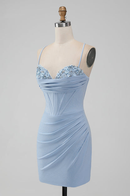 Light Blue Bodycon Spaghetti Straps Corset Short Homecoming Dress