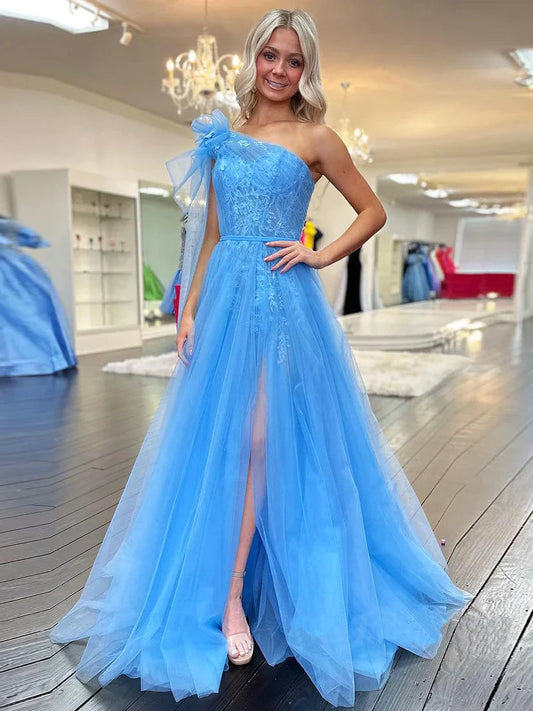 Roycebridal Ximena | Cute A Line One Shoulder Blue Tulle Prom Dress with Appliques