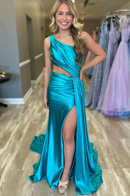 Roycebridal Shannon | Charming Mermaid One Shoulder Satin Prom Dresses with Slit