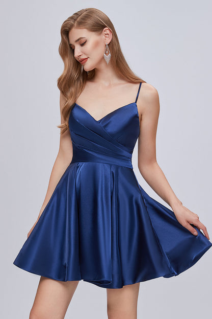 Spaghetti Strap Blue V Neck A Line Backless Homecoming Dresses