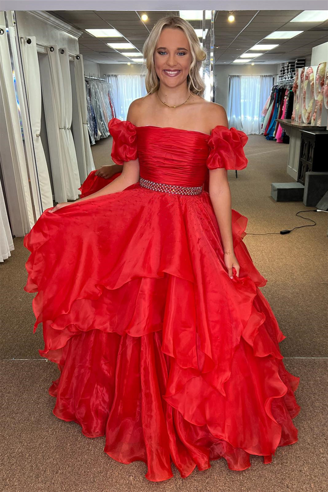 Roycebridal Giovanna | Red Off-the-Shoulder Layers Beaded Tulle Long Prom Dress