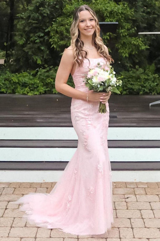 Roycebridal Pink Straps Mermaid Long Prom Dress with Appliques