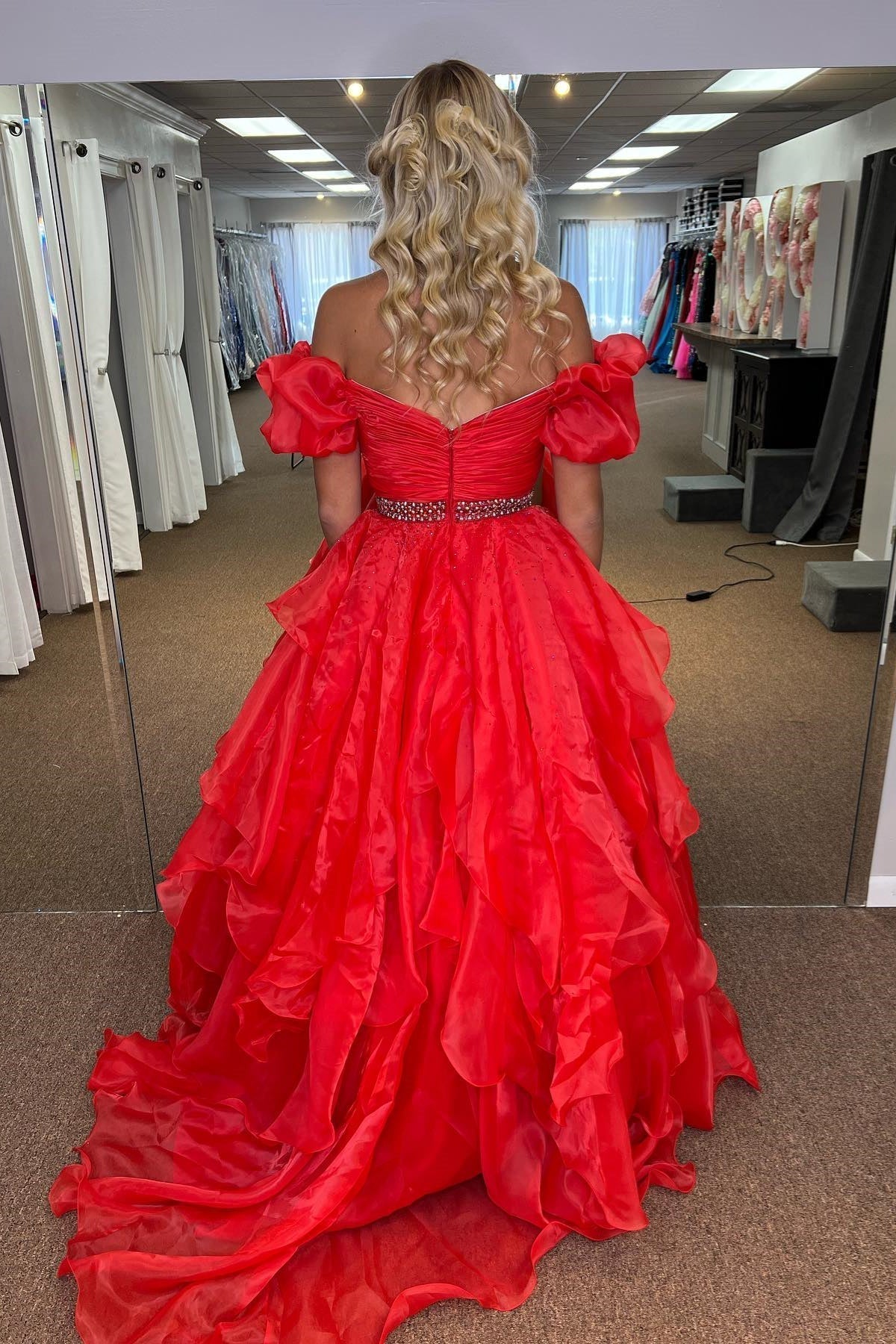 Roycebridal Giovanna | Red Off-the-Shoulder Layers Beaded Tulle Long Prom Dress