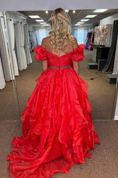 Roycebridal Giovanna | Red Off-the-Shoulder Layers Beaded Tulle Long Prom Dress