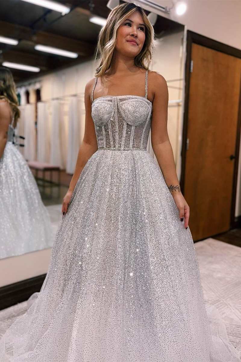 Magdalena | Silver Ombre Sequins Princess Straps A-Line Prom Gown