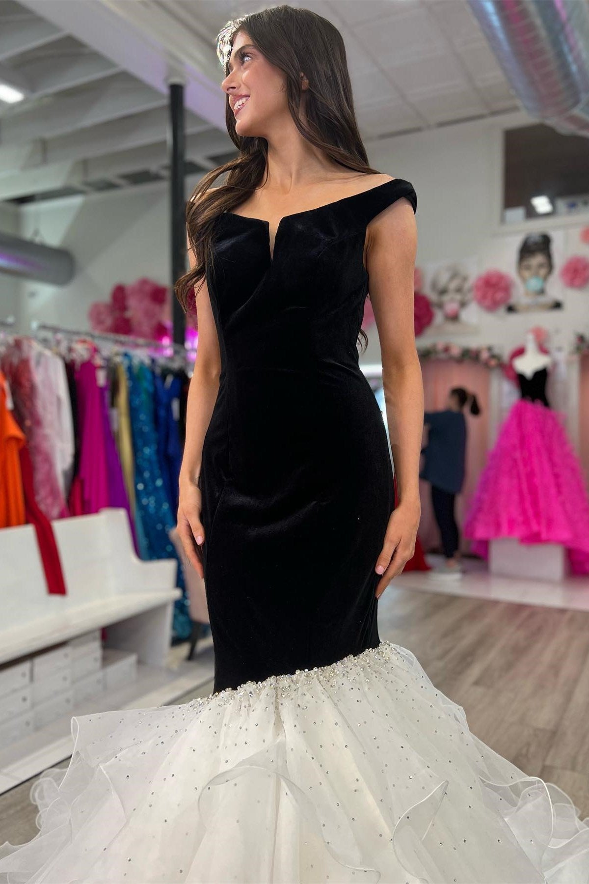 Black Velvet Off-the-Shoulder Multi-Layer Trumpet Formal Gown