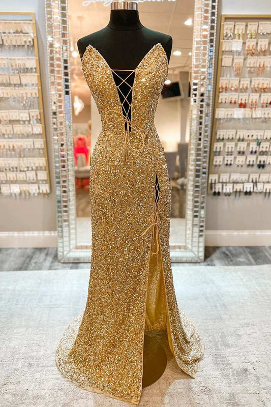 Roycebridal Gold Sequin Strapless Lace-Up Front Long Prom Dress with Slit