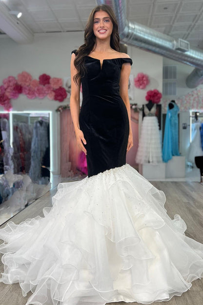 Black Velvet Off-the-Shoulder Multi-Layer Trumpet Formal Gown