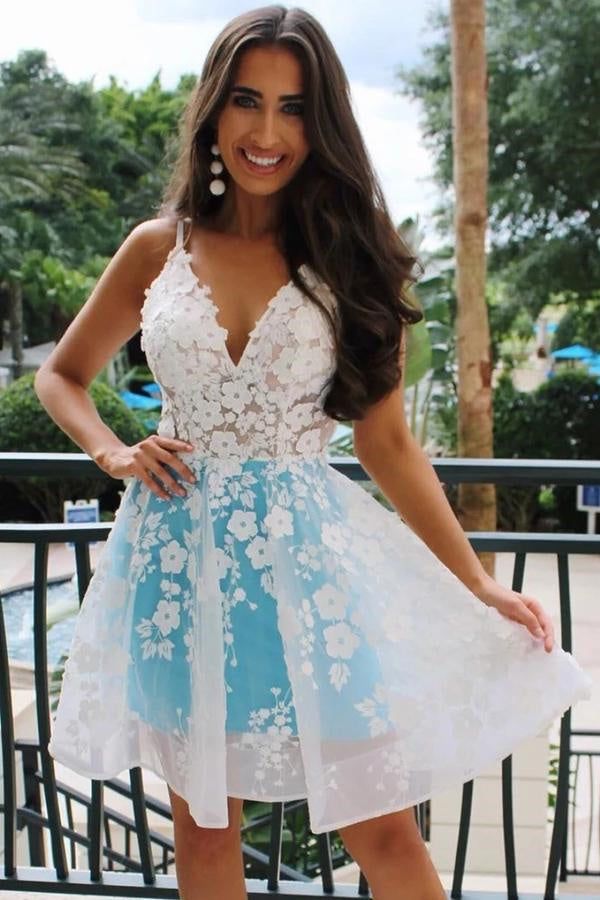 Rosalind |A-Line V-Neck Sky Blue Homecomig Dress with Appliques