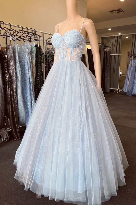 Roycebridal Light Blue Floral Lace Sweetheart A-Line Prom Dress