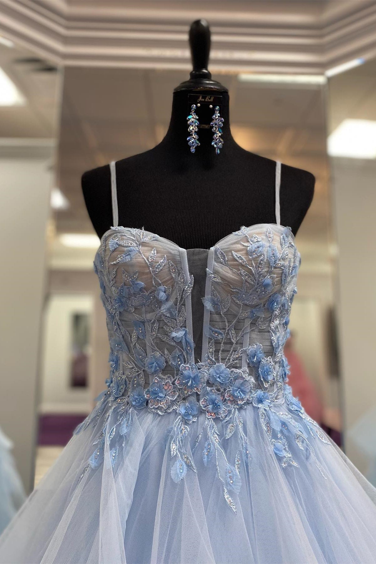 Roycebridal Channel | Light Blue Straps Layers Floral A-line Long Prom Dress