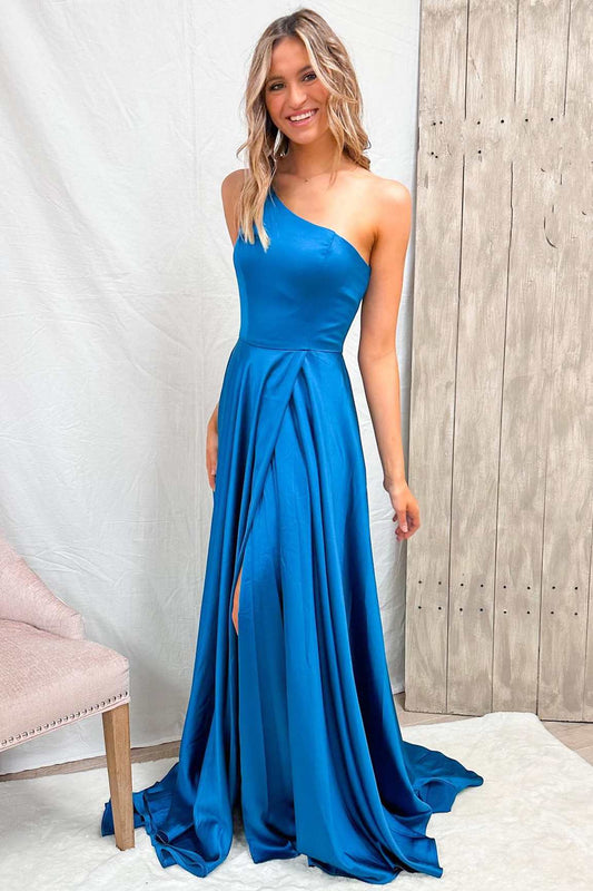 Roycebridal Blue One-Shoulder Wrap A-Line Prom Dress