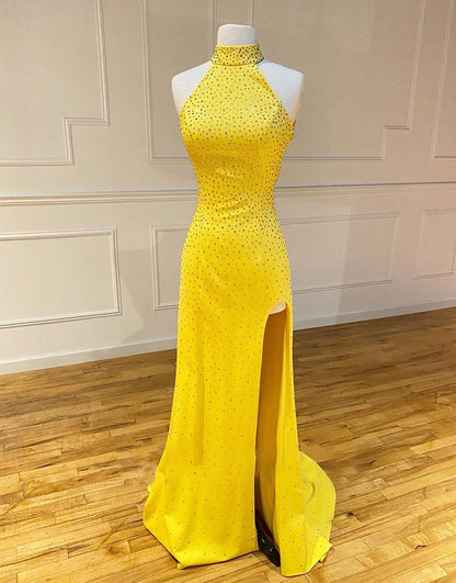 Roycebridal Aliyah | High Neck Mermaid Yellow Prom Dress with Split