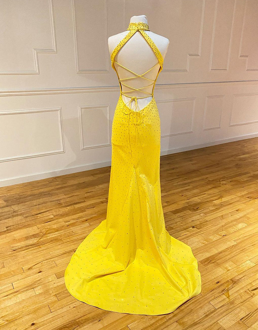 Roycebridal Aliyah | High Neck Mermaid Yellow Prom Dress with Split