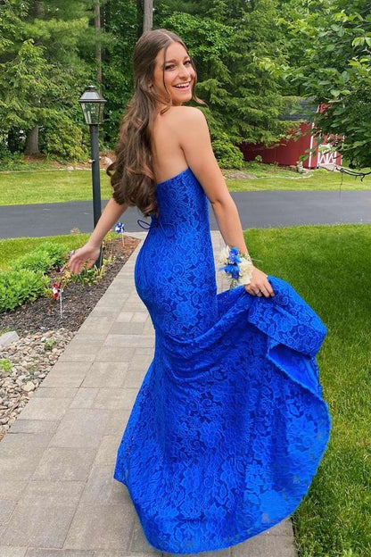 Roycebridal Strapless Royal Blue Lace Prom Dress with Slit