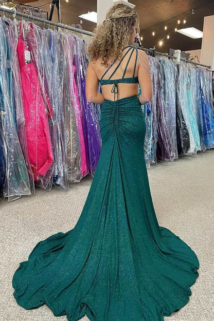 Roycebridal Itzel | One-Shoulder Hunter Green Beaded Mermaid Long Prom Dress with Slit