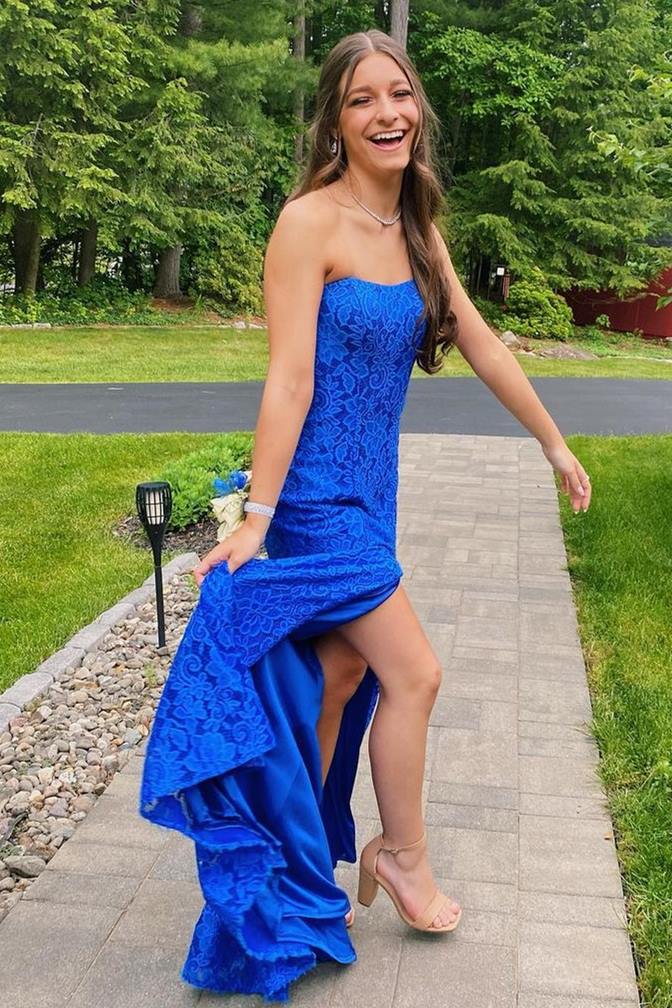 Roycebridal Strapless Royal Blue Lace Prom Dress with Slit