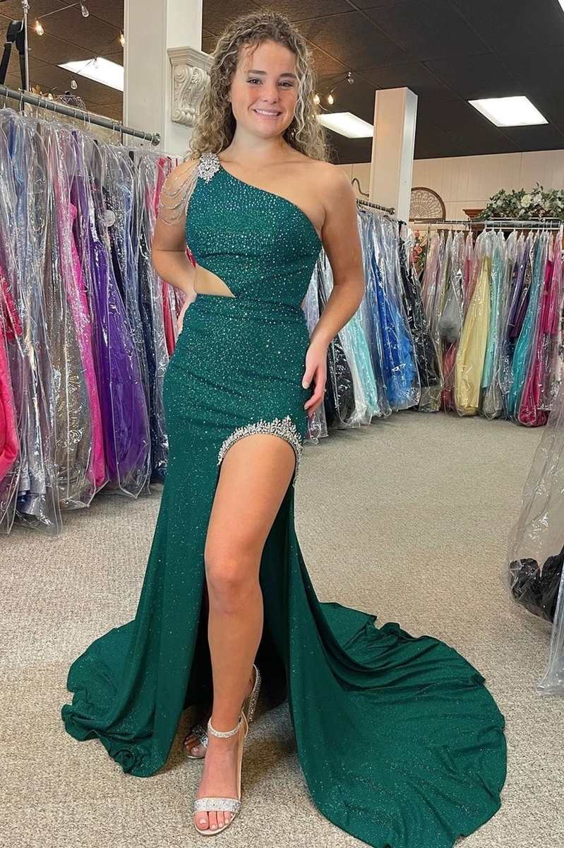 Roycebridal Itzel | One-Shoulder Hunter Green Beaded Mermaid Long Prom Dress with Slit