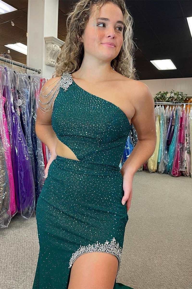 Roycebridal Itzel | One-Shoulder Hunter Green Beaded Mermaid Long Prom Dress with Slit