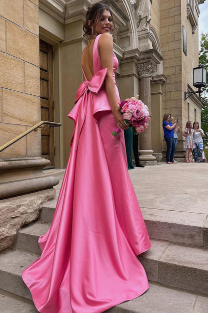 Roycebridal Esther | Cute Mermaid V Neck Pink Satin Long Prom Dresses with Big Bow