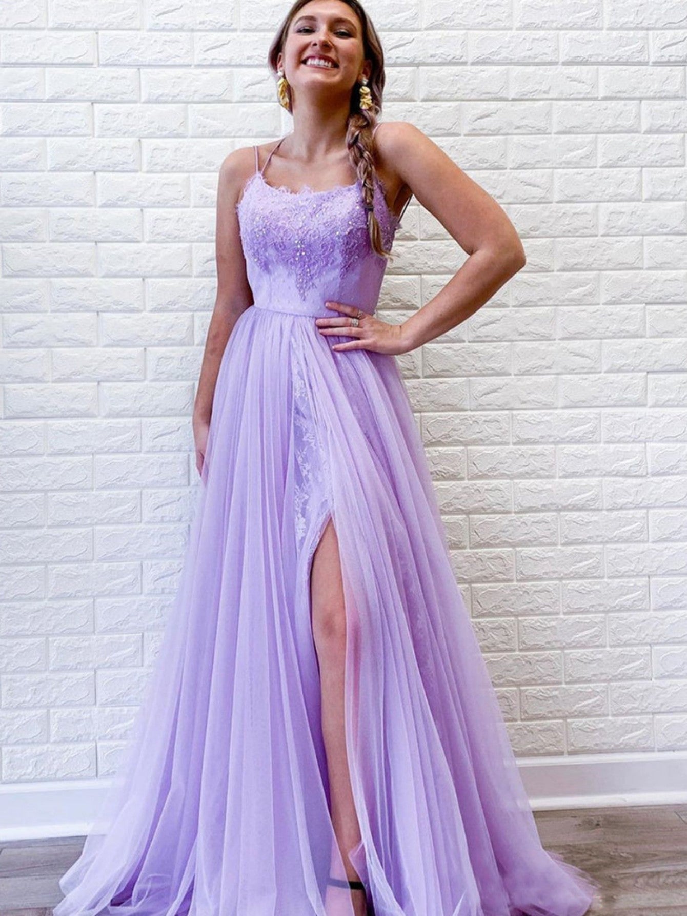 Roycebridal A Line Purple Backless Tulle Long Prom Dress