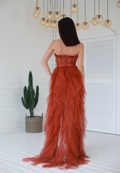 Roycebridal Saanvi | Elegant Rust Tiered Ruffles Tulle Prom Dress