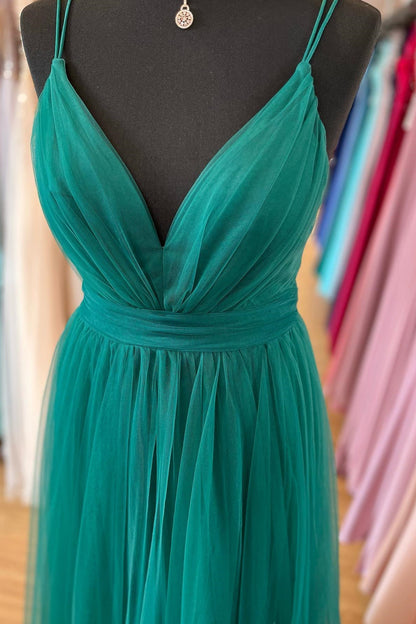 Roycebridal Ada | Hunter Green A-line Plunging V Neck Double Straps Pleated Long Prom Dress