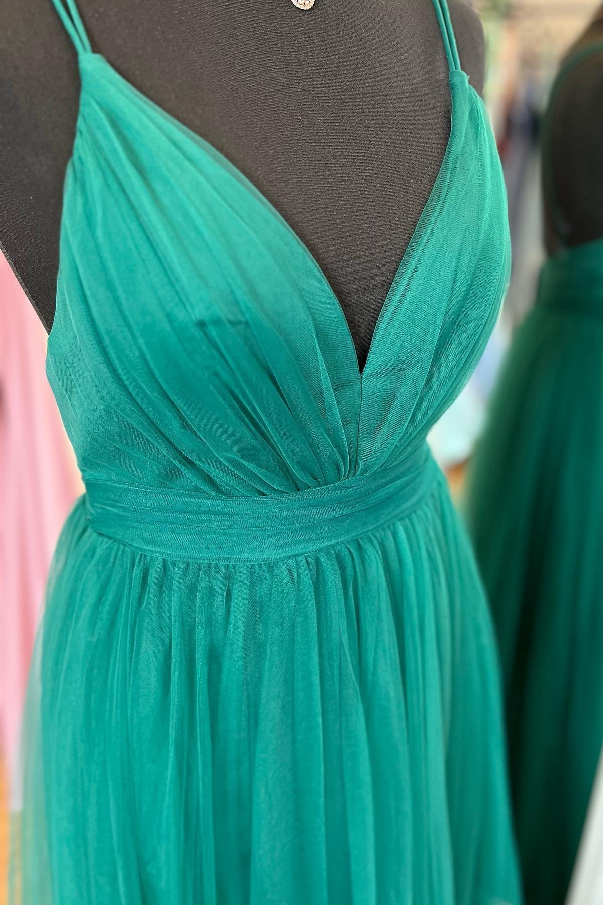 Roycebridal Ada | Hunter Green A-line Plunging V Neck Double Straps Pleated Long Prom Dress