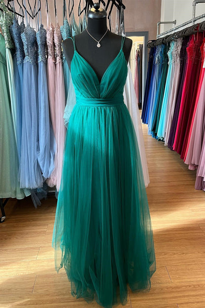 Roycebridal Ada | Hunter Green A-line Plunging V Neck Double Straps Pleated Long Prom Dress