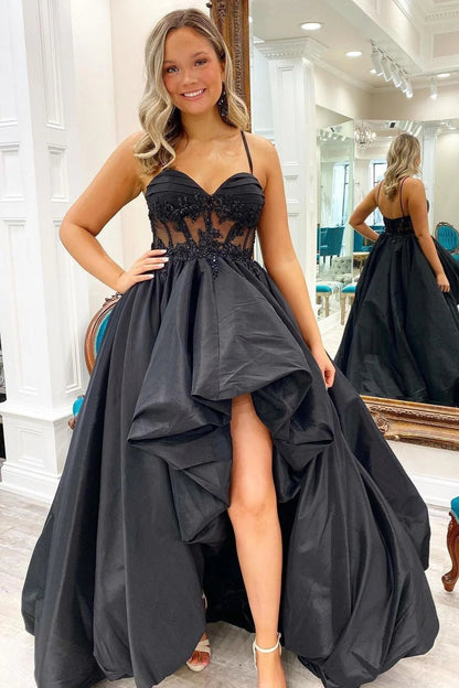 Roycebridal Aubrey | Black Appliques Hi-Low Straps Long Prom Dress