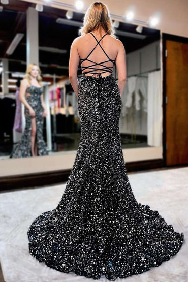 Sequin Lace-Up Back Mermaid Long Prom Gown with Slit.