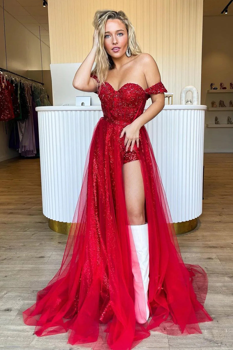 Roycebridal Ashlee | Sparkly Tow Piece Off the Shoulder Red Sequins Long Prom Dresses