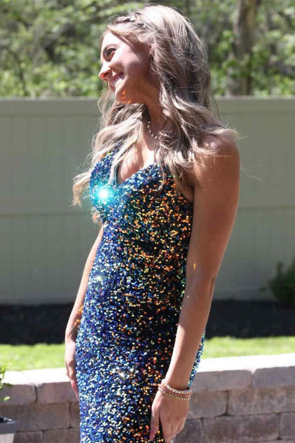 Roycebridal Glitter Navy Blue Sequined Mermaid Prom Dress