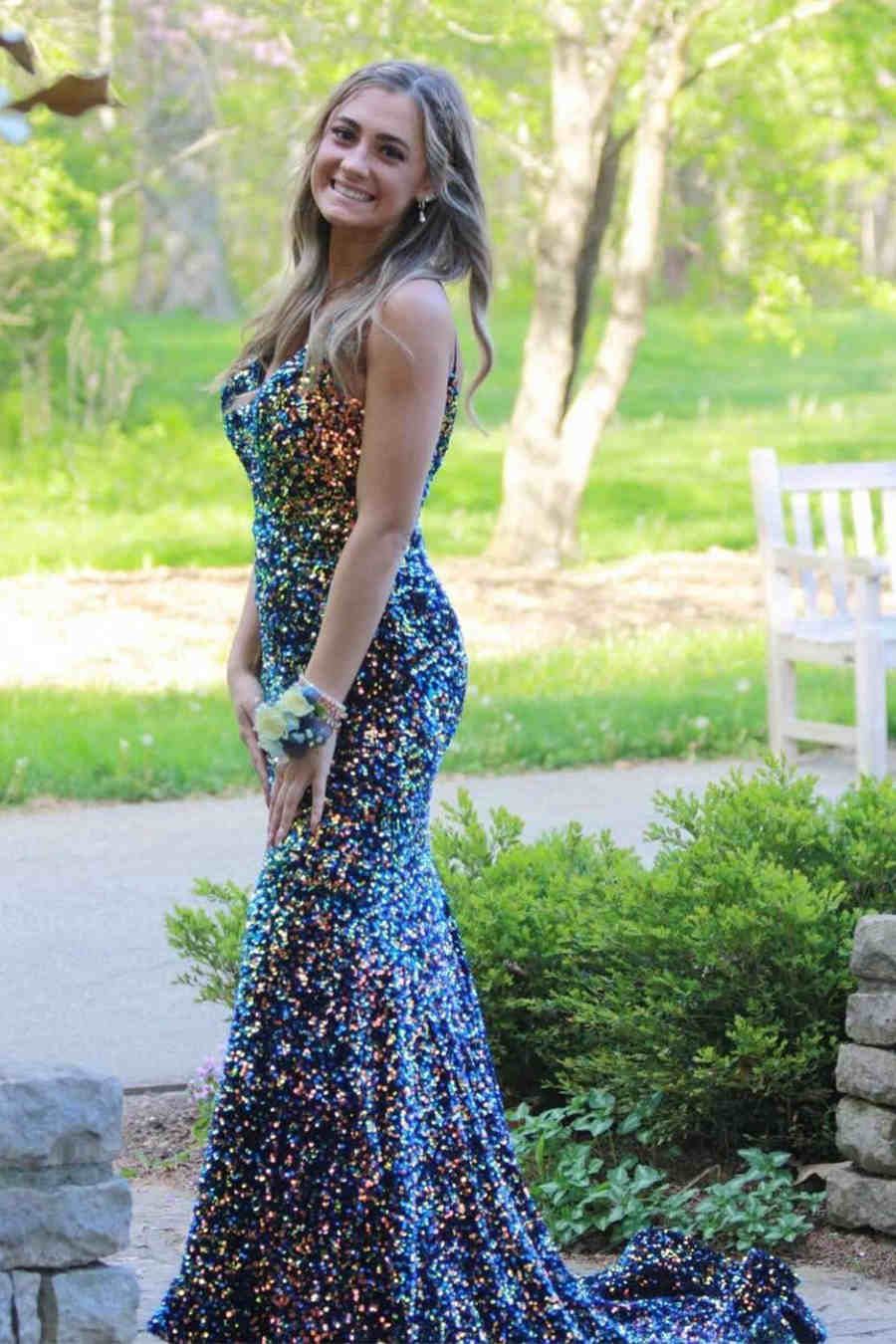 Roycebridal Glitter Navy Blue Sequined Mermaid Prom Dress