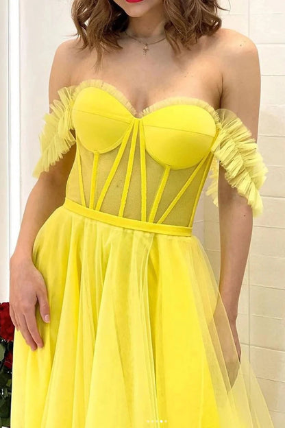 Roycebridal Lexie | A Line Off the Shoulder Yellow Corset Prom Dress