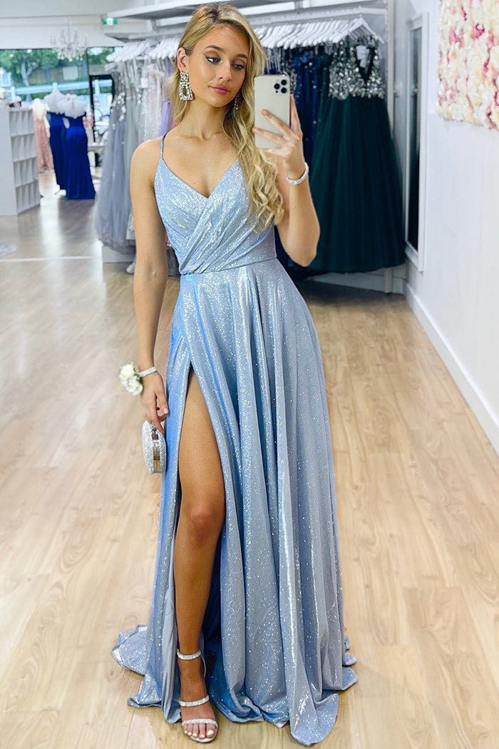 Roycebridal Sparkle V-Neck Blue Long Prom Dress with Slit