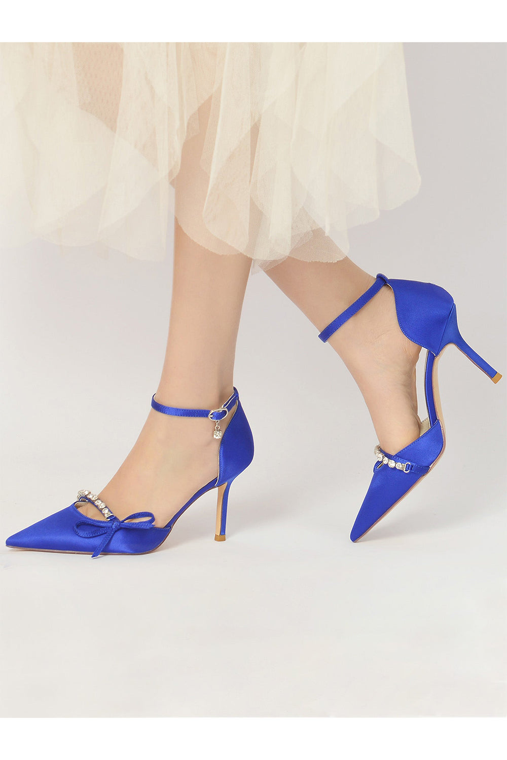 Bow Crystal Strap Pointed Toe Satin High Heels