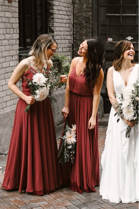 Simple V Neck Chiffon Rust Bridesmaid Dresses Fall Open Back