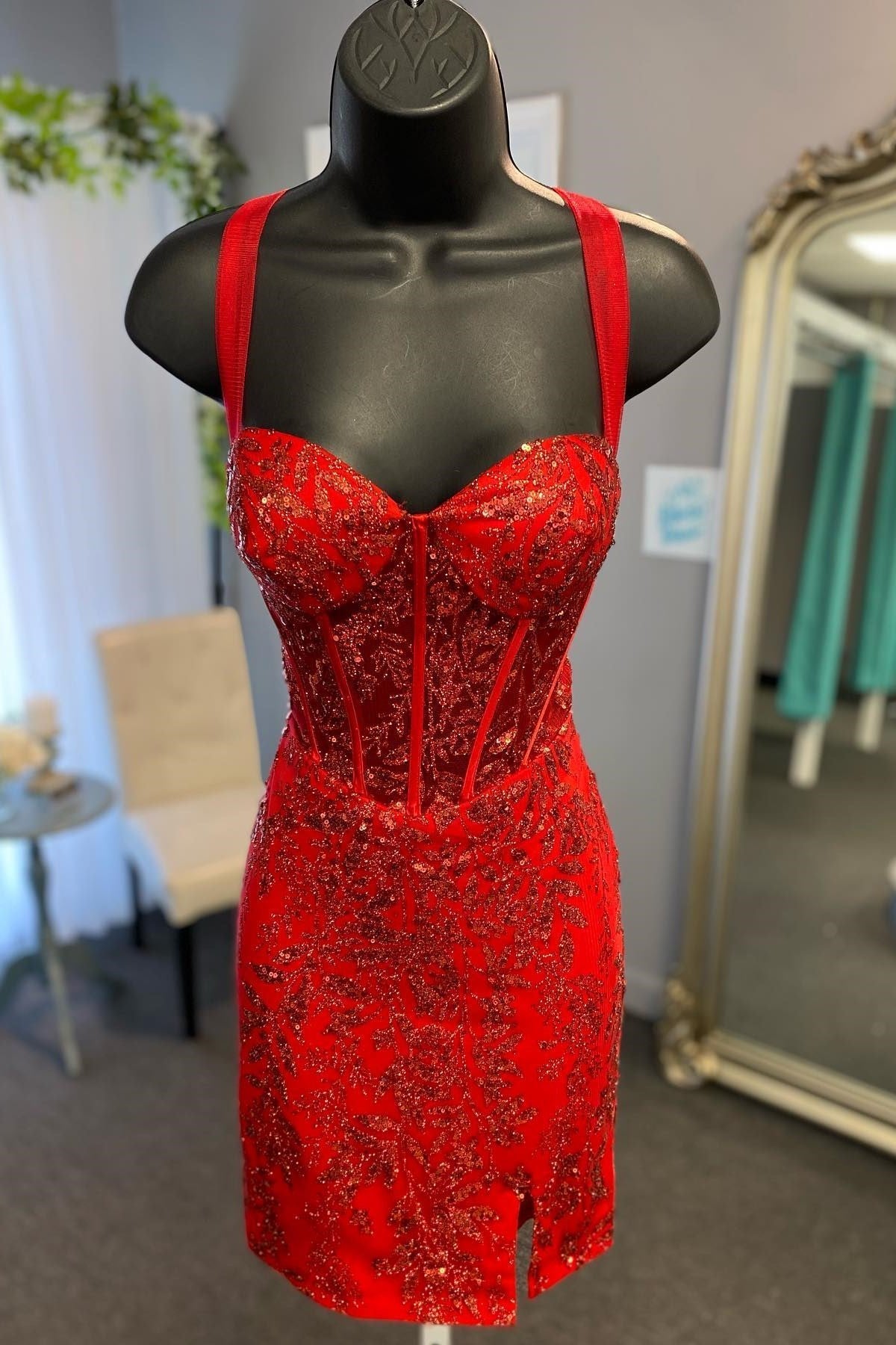 Myra | Red Sequin Lace Sweetheart Sheath Short Dress