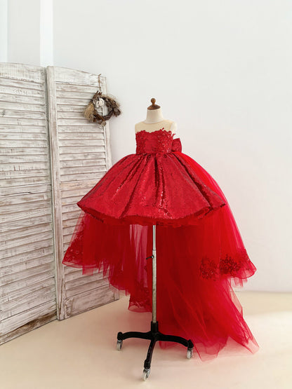 Red Sequin Hi-Low Lace Tulle Detachable Train Wedding Party Flower Girl Dress