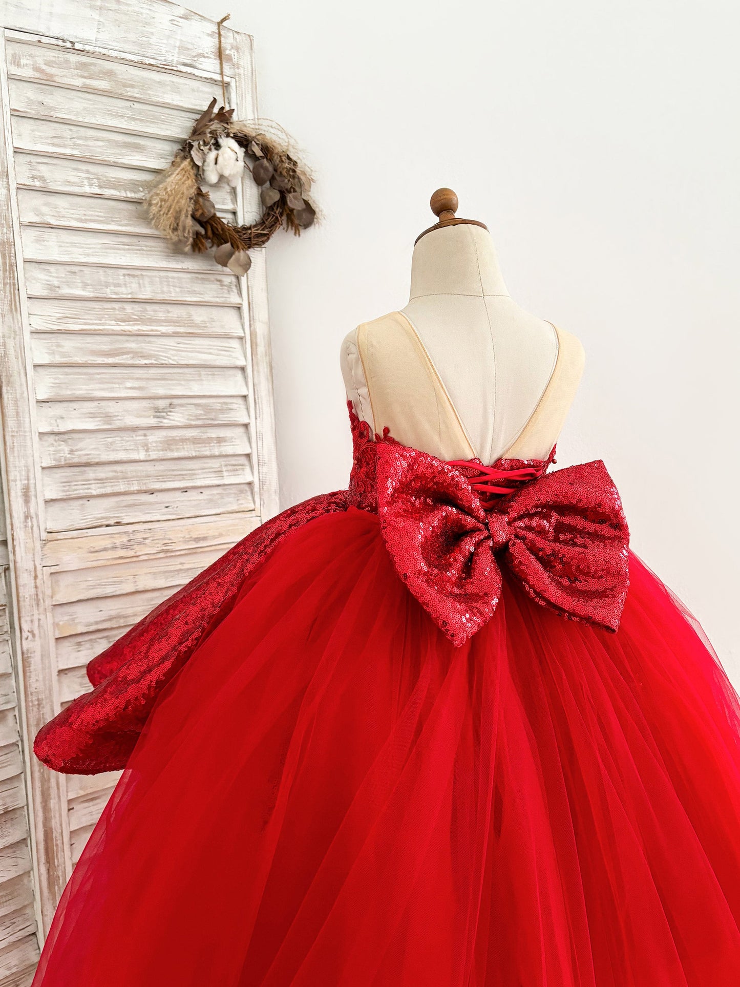 Red Sequin Hi-Low Lace Tulle Detachable Train Wedding Party Flower Girl Dress