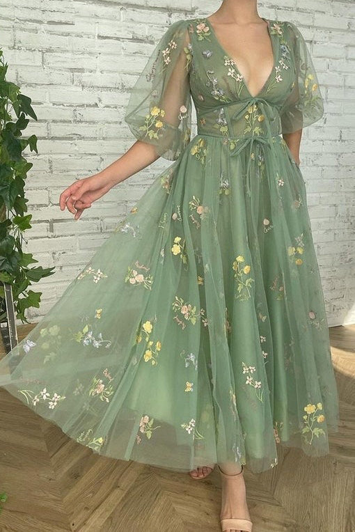 Roycebridal Green V Neck Short Sleeves Ankle Length Floral Tulle Short Prom Dresses