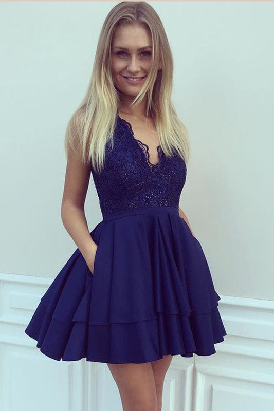 Navy Blue Deep V Neck Sleeveless Homecoming Dress,Appliques Ruffles Short/Mini Prom Dress