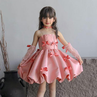 Roycebridal Elegant Pink Arabic Flower Girl Dresses with Glove Dubai Backless for Kids Wedding Birthday Holiday Party Gown J100